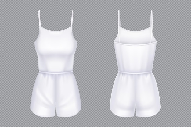 Vrouw jumpsuit mockup. vector 3d-sjabloon van lege witte vrouwelijke overalls met korte broek en mouwloze tanktop. realistische meisjeskleding, zomerkleding of nachtkleding geïsoleerd op transparante achtergrond