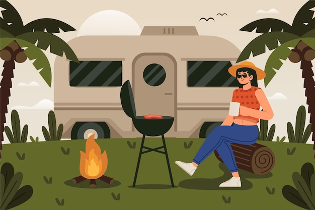 Gratis vector vrouw kamperen met een caravan-concept