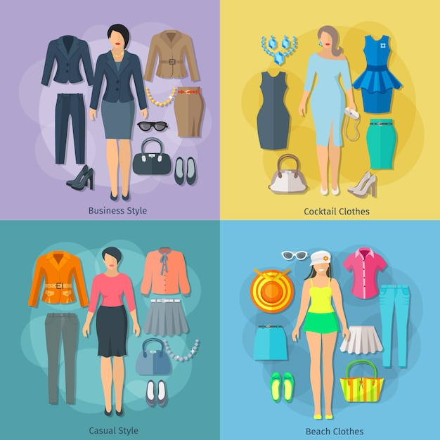 Gratis vector vrouw kleding concept vierkante samenstelling van zakelijke cocktail strand en casual stijlen pictogrammen instellen plat