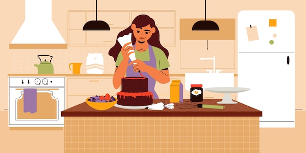Gratis vector vrouw koken thuis taart decoreren met bessen crème platte vectorillustratie