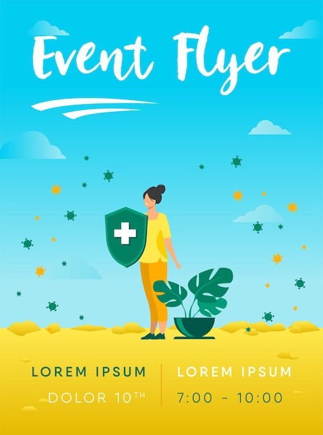 Gratis vector vrouw met beschermend schild tegen virus flyer-sjabloon