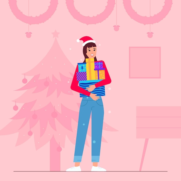 Gratis vector vrouw met een stel kerstcadeautjes