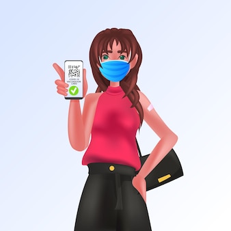Vrouw met masker met smartphone met digitale immuniteitspaspoort qr-code op scherm risicovrije covid-19 pandemische vaccinatie