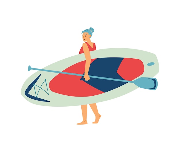 Vrouw met surfplank of paddleboard en peddel platte vectorillustratie geïsoleerd