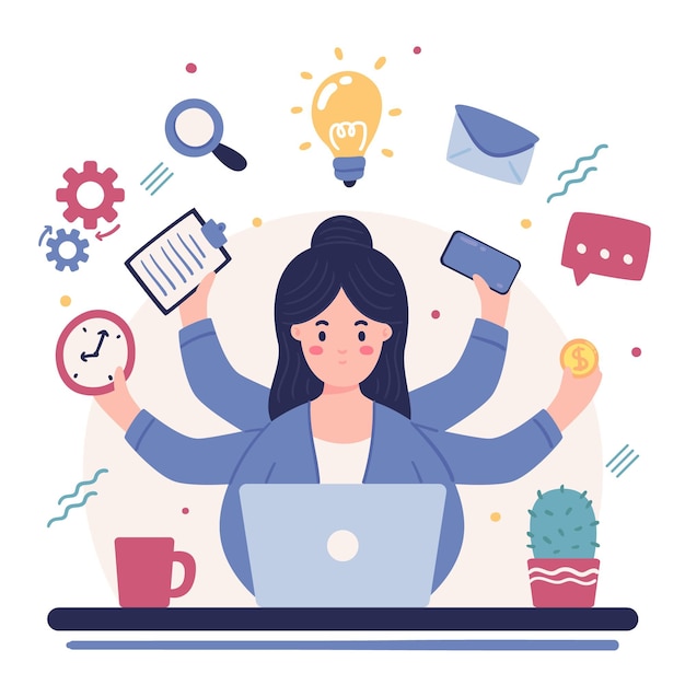 Gratis vector vrouw multitask-activiteiten werken