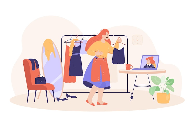 Gratis Vector vrouw overleg met persoonlijke stylist online. stylist die cliënt helpt om kleding te kiezen. consultant op computerscherm platte vectorillustratie. mode, keuze, garderobeconcept