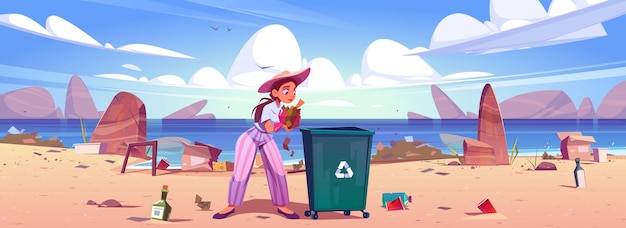 Vrouw verzamelt afval in de vuilnisbak op zee strand.
