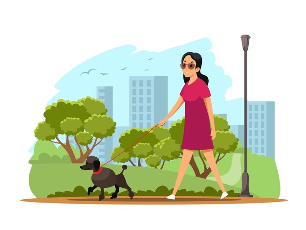 Vrouw wandelen met hond in openbare stadspark illustratie gelukkig meisje leidt een hond aan de leiband glimlachend Stedelijk leven in de natuur scène jonge vrouwelijke karakter op wandeling