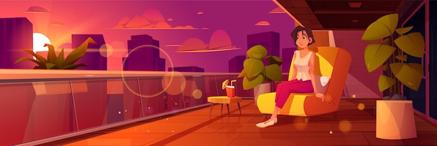 Vrouw zit op het terras in een fauteuil bij zonsondergang Open balkon interieur in hotel appartement met karakter en wolkenkrabber uitzicht cartoon landschap illustratie Moderne metropool panorama met patio scène