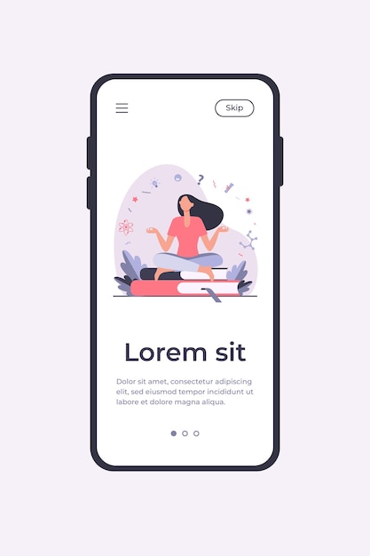 Gratis vector vrouw zitten en mediteren op stapel boeken. student, studie, leren platte vectorillustratie. onderwijs en kennis concept mobiele app-sjabloon