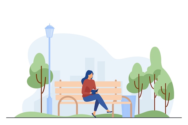 Vrouw zittend op een bankje en leesboek. Park, stad, ontspanning platte vectorillustratie. Weekend en natuurconcept