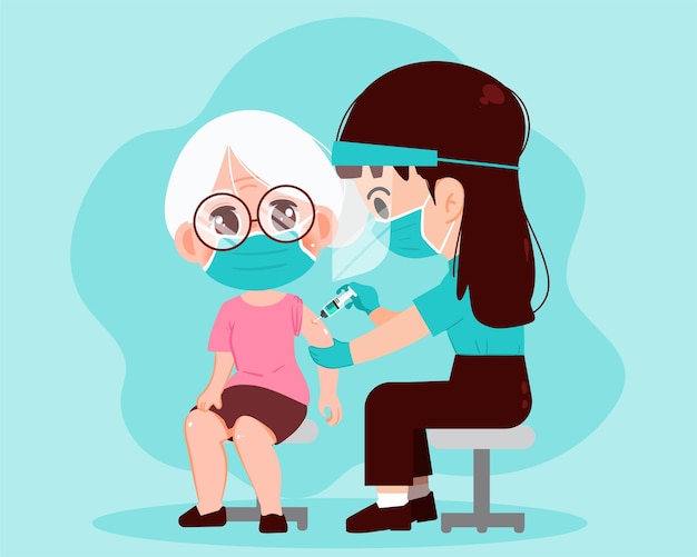 Vrouwelijke arts die vaccin injecteert bij grootmoedergezondheidszorg en medisch concept getekende cartoon kunstillustratie