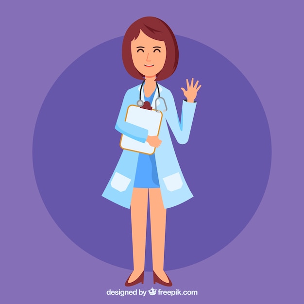 Vrouwelijke arts met klembord op purpere achtergrond