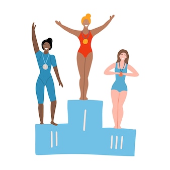 Vrouwelijke atleten ontvangen medailles en trofeeën vrouwelijke zwemmers van verschillende rassen op olympisch podium platte hand getekende illustratie