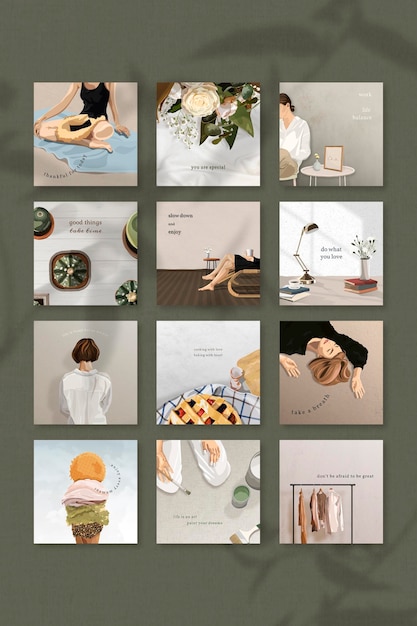 Gratis vector vrouwelijke en minimale instagram postsjabloon vector set