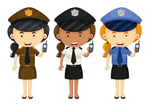 Vrouwelijke politie in drie verschillende uniformen illustratie