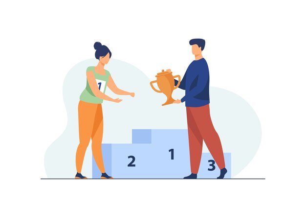 Vrouwelijke winnaar die de eerste prijs krijgt. Man die gouden beker geeft aan vrouw op podium platte vectorillustratie. Winnen, leiderschap, prestatieconcept