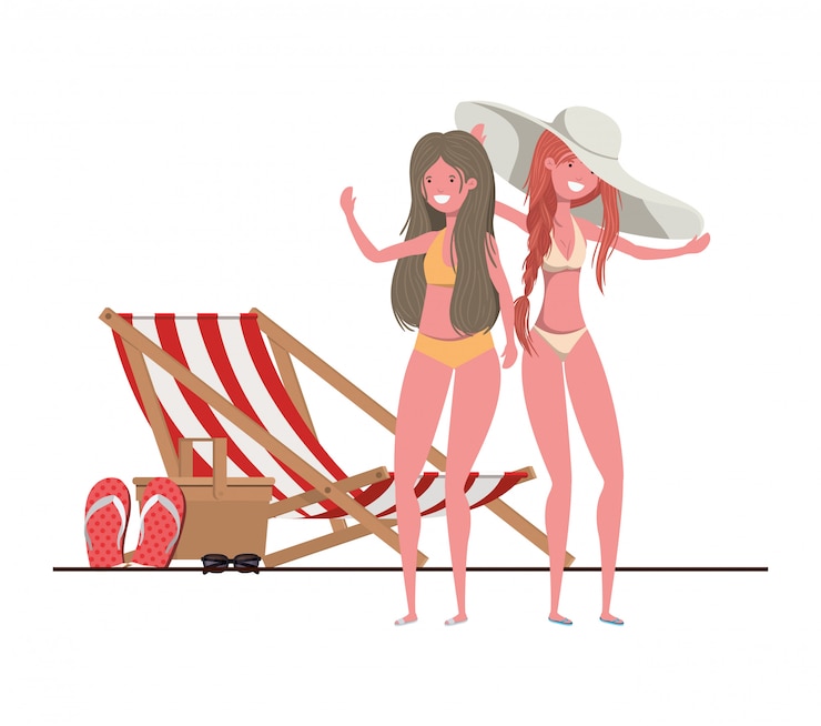 Gratis Vector vrouwen die zich met zwempak in strand bevinden