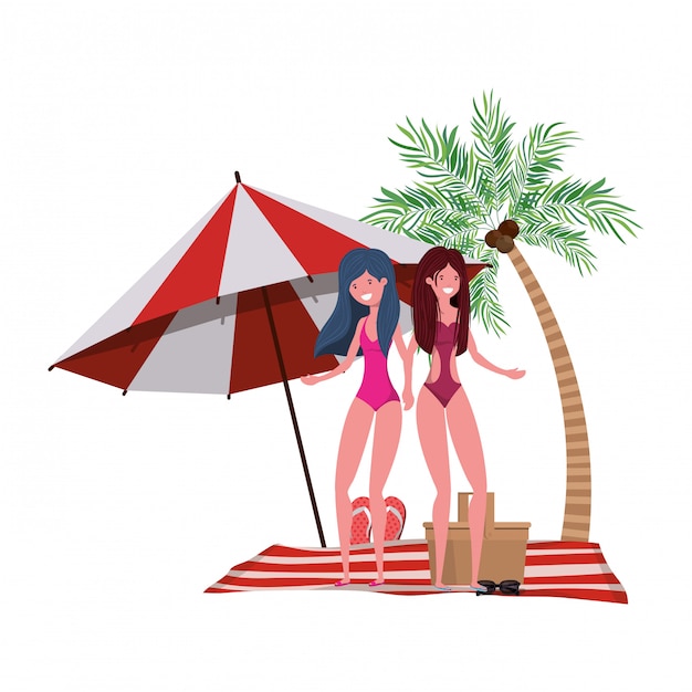 Gratis vector vrouwen met zwempak op het strand en paraplu