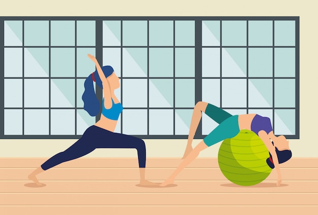 Gratis vector vrouwen oefenen yogaoefeningen in het huis