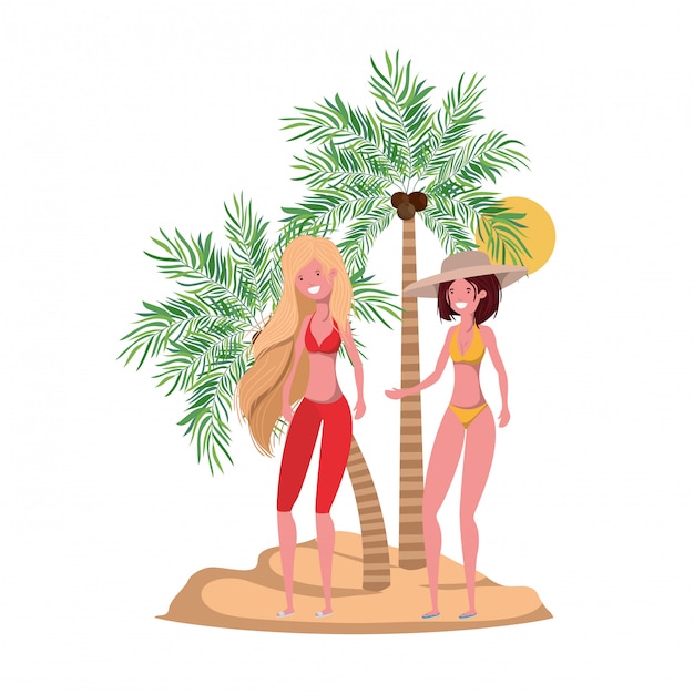 Gratis vector vrouwen op het strand met zwempak en palmen