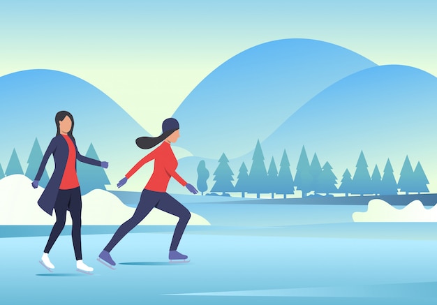 Gratis vector vrouwen schaatsen met besneeuwde landschap