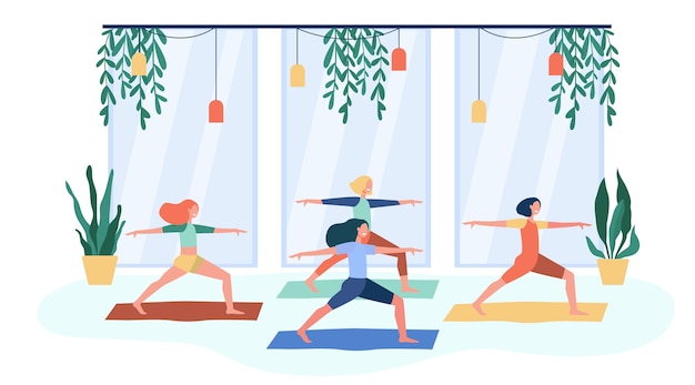 Gratis vector vrouwen trainen in de fitnessclub, het bijwonen van yogales, staande in de warrior pose op de mat. platte vectorillustratie voor fysieke activiteit, gymnastiek, lifestyle-concept