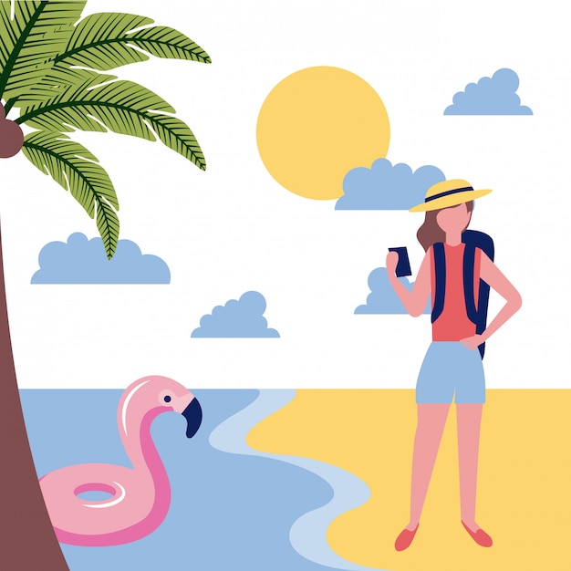 Gratis vector vrouwentoerist in het strand