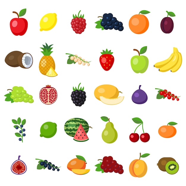 Vruchten ingesteld op wit. fruit waaronder appel, citroen, framboos, druif, sinaasappel, pruim, kokosnoot, ananas, witte bes, aardbei, banaan, granaatappel, braambes, meloen, vijg, limoen, peer, kers, kiwi.