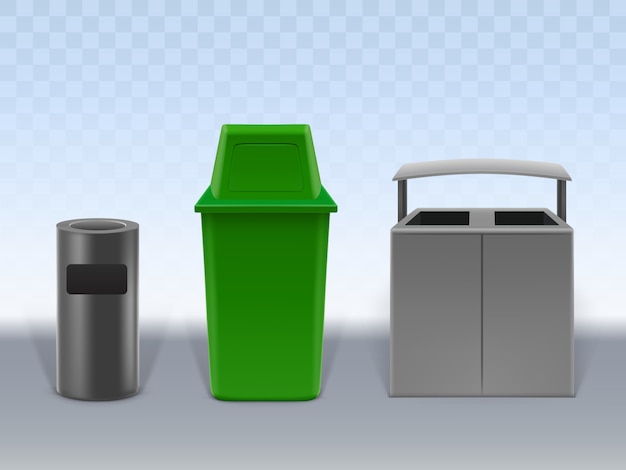 Gratis vector vuilniscontainers geplaatst die op transparante achtergrond worden geïsoleerd.