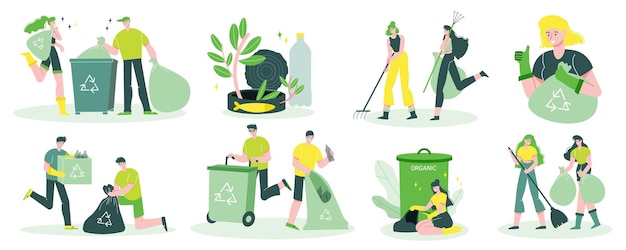 Vuilnisrecycling platte set met het verzamelen van tuinhuishoudelijk afval sorteren in plastic zakken vuilniscontainer vectorillustratie