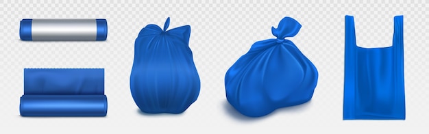 Vuilniszakmodel, plastic rol en zak vol vuilnis. Blauwe wegwerpverpakking voor afval en supermarkt. Huishoudelijke benodigdheden voor afvalworp, geïsoleerde realistische 3D-illustratieset