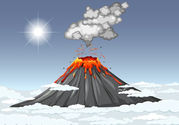 Gratis vector vulkaanuitbarsting in de lucht met wolkenscène overdag