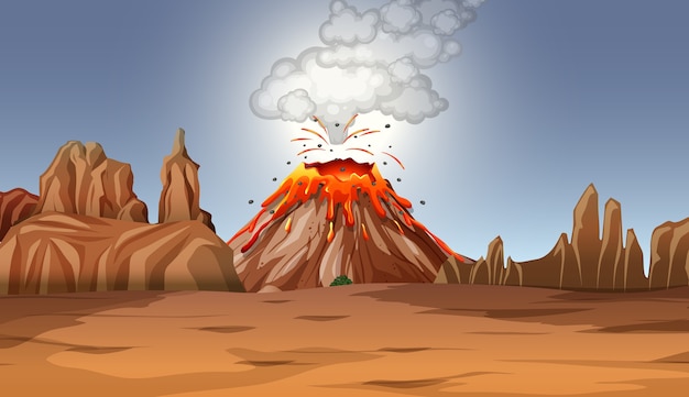 Vulkaanuitbarsting in woestijnscène overdag