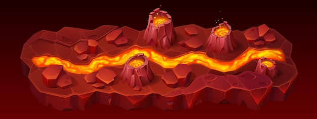 Gratis vector vulkaanweg ui mobiel spelniveau kaart cartoon achtergrond gui vulkaanuitbarsting met lavapadsjabloon magma en steen terreininterface illustratie aanwinst om online te spelen gevaarwereldroute