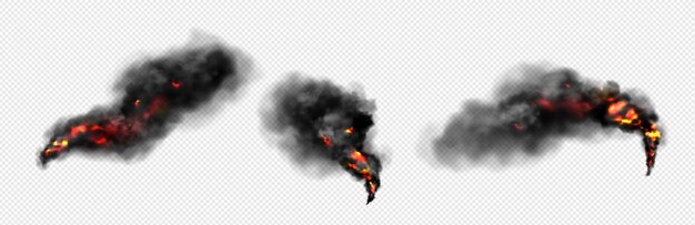 Vuur met zwarte rookwolken op transparante achtergrond. Realistische vectorillustratietextuur van vlammen met pijlers van donkere smog of mist met poeder en deeltjes door explosie of verbranding