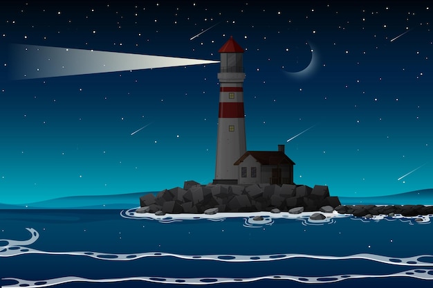 Gratis vector vuurtoren aan de kust bij nacht