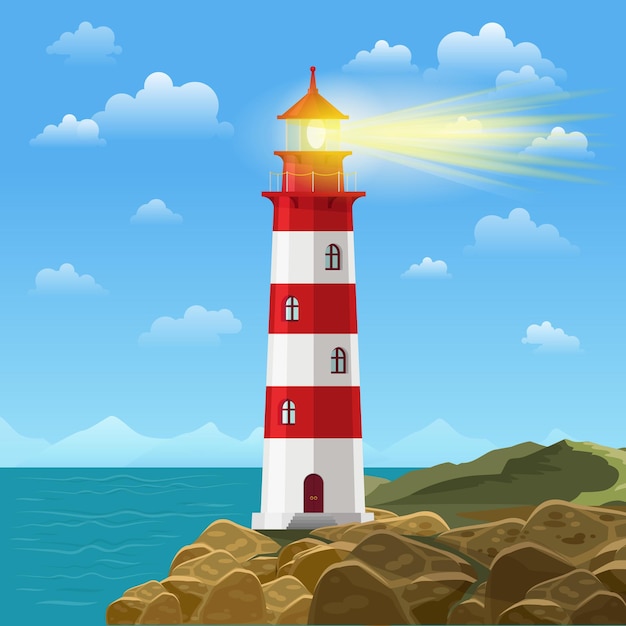 Gratis vector vuurtoren op oceaan of overzees strandillustratie.