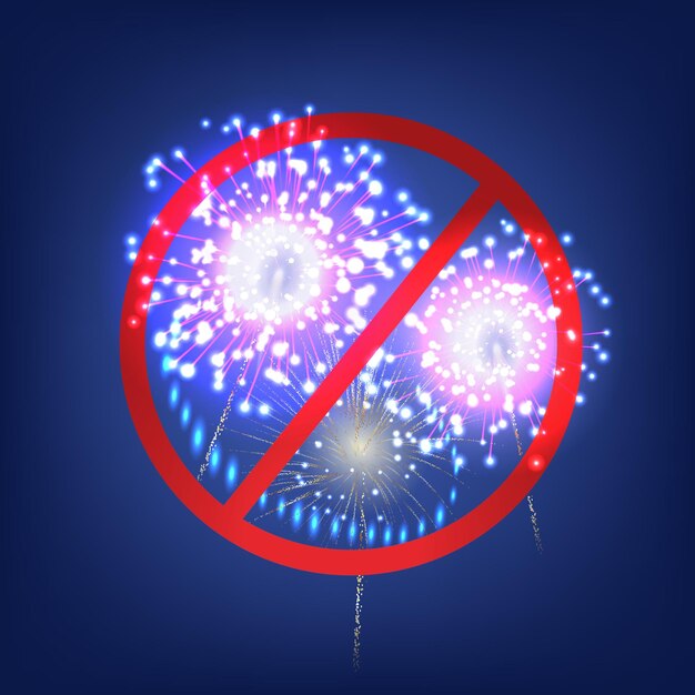 Vuurwerk verboden teken realistische compositie met uitzicht op kleurrijke vuurpaden en rode cirkel verbodsteken vectorillustratie