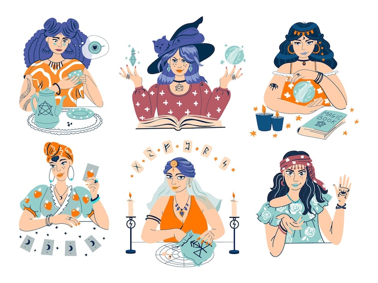 Gratis Vector waarzegster karakters platte set van mystieke dames die de toekomst vertellen door handlijnkunde kristallen bol en kaarten geïsoleerde vectorillustratie