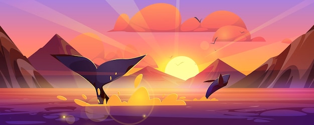 Walvisstaart in zee op zonsondergang cartoon afbeelding bultrugvin zwemmen in oceaanwater met uitzicht op de bergen grafisch landschap panorama vogels op paars roze skyline wilde omgeving buiten behang