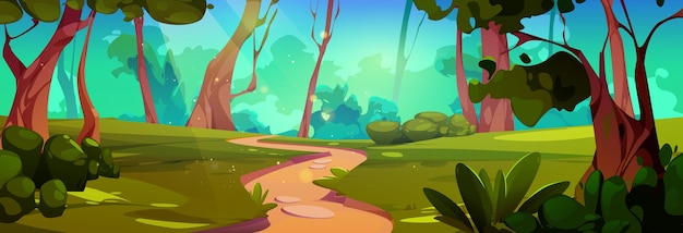 Gratis vector wandelpad in het groene zomerwoud vector cartoon illustratie van een heldere zonnige dag in het bos met wegperspectief oude bomen groen gras en struiken zonnestralen vlammen in de lucht mooi landschap