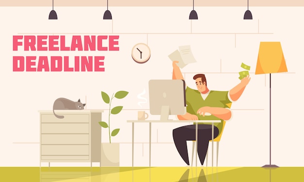 Gratis vector wanhopige freelancer haalt moeilijke deadline achter computerhuis met kattenkoffie extra handen platte strips