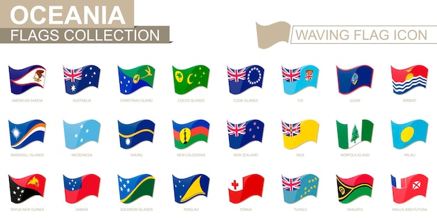 Wapperende vlag, vlaggen van oceanië-landen alfabetisch gesorteerd. vector illustratie.