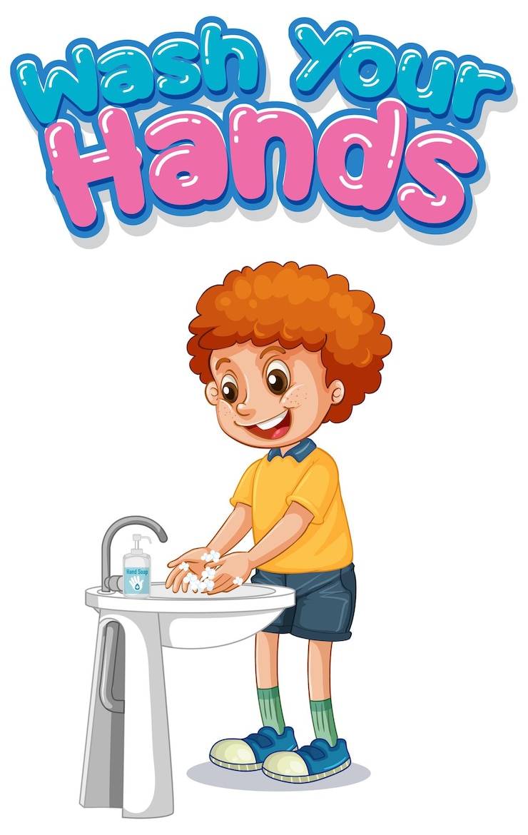 Gratis Vector was je handen lettertypeontwerp met een jongen die zijn handen wast op een witte achtergrond