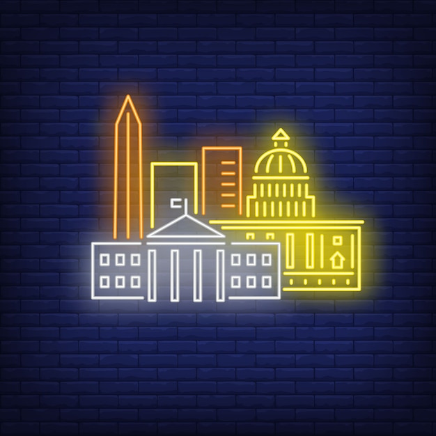 Gratis vector washington dc gebouwen neon teken. attractie, toerisme, reizen.