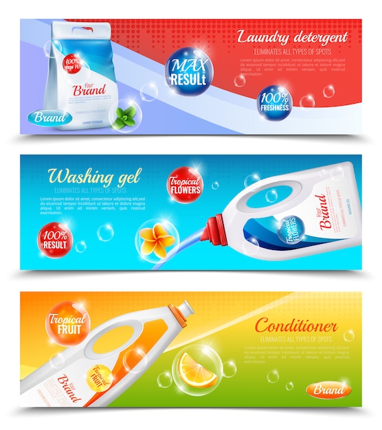 Wasmiddelen kleding horizontale banner set