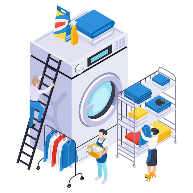 Gratis vector wasserij wassen isometrische samenstelling met kleine menselijke karakters illustratie