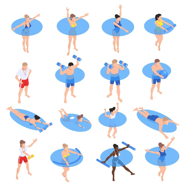 Water aërobe aquatische fitness workout isometrische pictogrammen instellen met mensen die trainen in het zwembad geïsoleerde vector illustratie