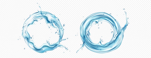 Gratis vector water cirkel splash en ronde swirl realistische 3d vector frame vloeibare aqua golf met druppel en bel in ringstroom mineraal helder blauw stroom grafisch ontwerp met beweging frisse sprankelende werveling textuur